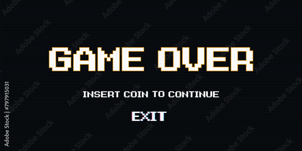GAME OVER INSERT A COIN TO CONTINUE or exiting the game's main menu. Modern trendy game background with lighting effect. for game assets in vector illustrations.
