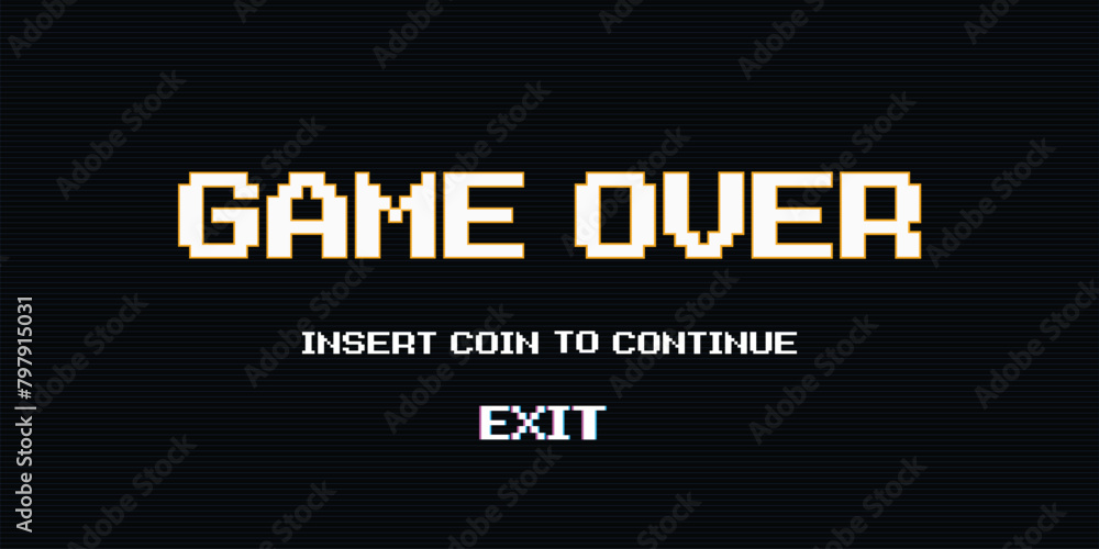 GAME OVER INSERT A COIN TO CONTINUE or exiting the game's main menu. Modern trendy game background with lighting effect. for game assets in vector illustrations. GAME OVER INSERT A COIN TO CONTINUE or exiting the game's main menu. Modern trendy game background with lighting effect. for game assets in vector illustrations.