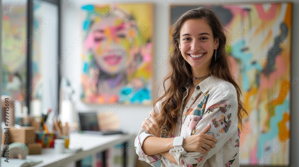 Portrait of a happy young woman. Artist in her studio, creating with confidence. Cheerful,