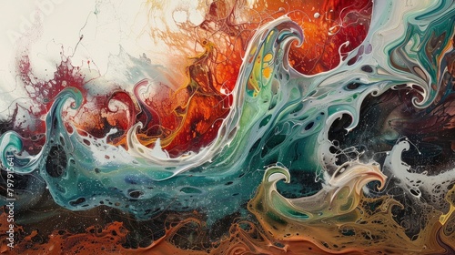 An abstract painting of red, orange and blue swirling paint resembling an ocean wave, with white waves and foam on top. The background is a gradient from dark to light gray