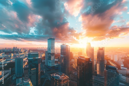 Colorful dynamic sky over city like Warsaw, in Poland.