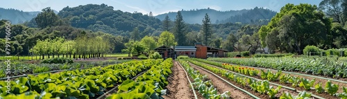 A lush green farm with rows of vegetables, a barn in the distance