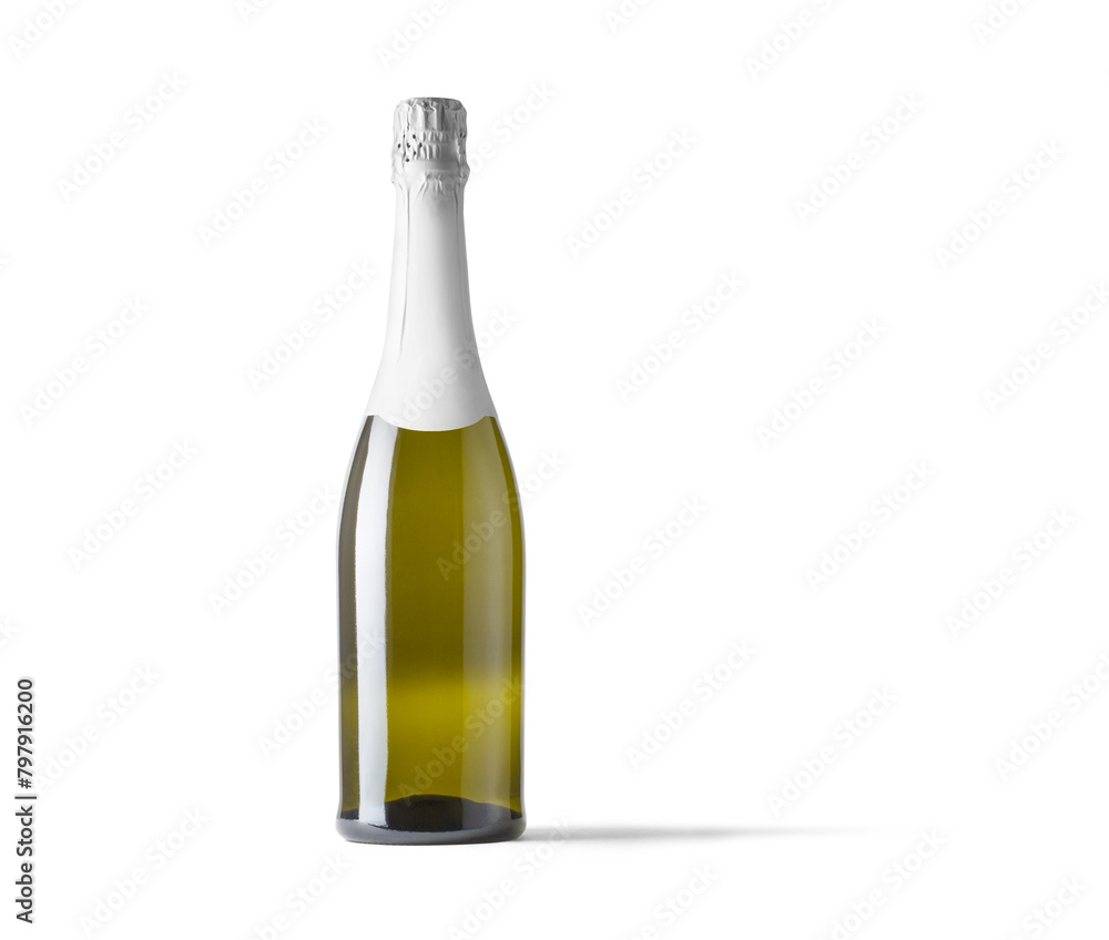 Front view wine bottle, whiskey, cognac, brandy beer bottle isolated on white background, mockup, blank, plain