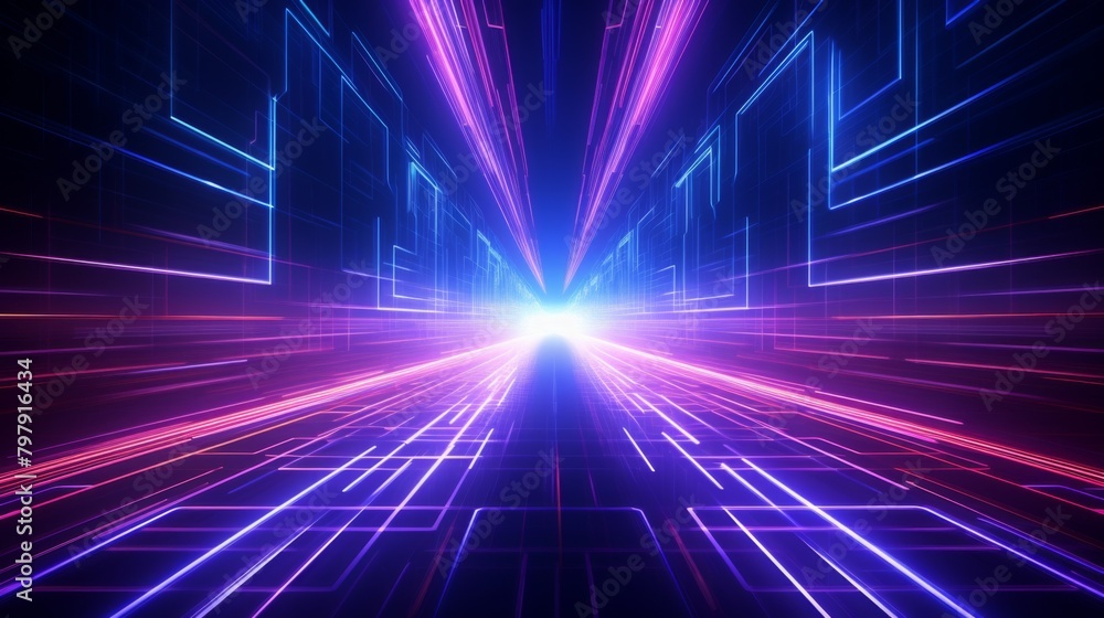 The image depicts a futuristic neon tunnel enhanced with bright pink and purple hues, representing speed and energy The image depicts a futuristic neon tunnel enhanced with bright pink and purple hues, representing speed and energy