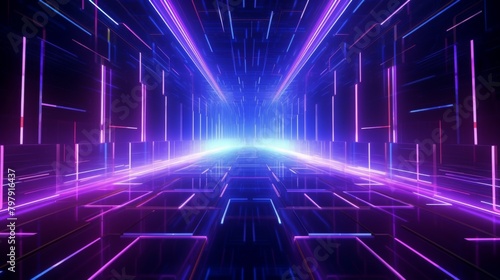 An engaging visual of a digital corridor with neon lights that channels the viewer's focus towards a distant horizon