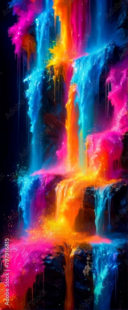 Abstract colorful waterfall, aura glowing neon colors, 3d render, wallpaper, background