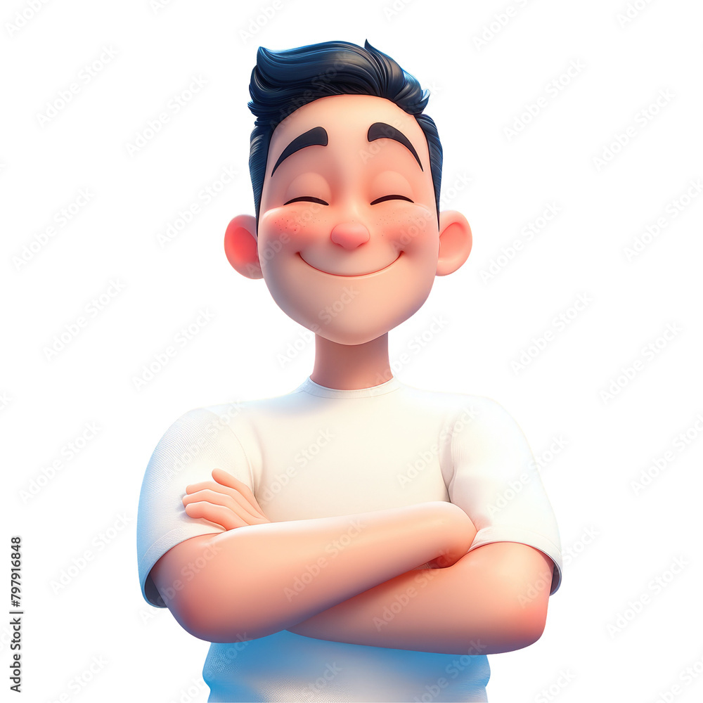 A content Asian man animated and cheerful beams with a hand resting gently on his stomach