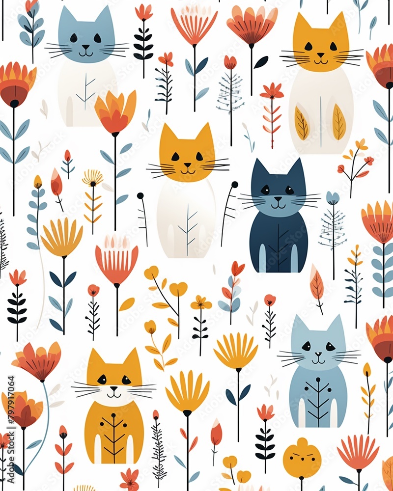 Childstyle colorful cats, garden flowers, simple line pattern, flat graphic on white background ,  repeating pattern drawing