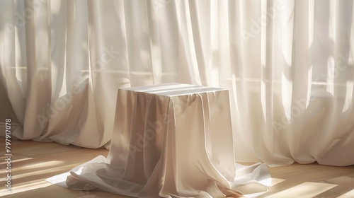 Box covered with thin white cloth, white curtain background for product promotion photo