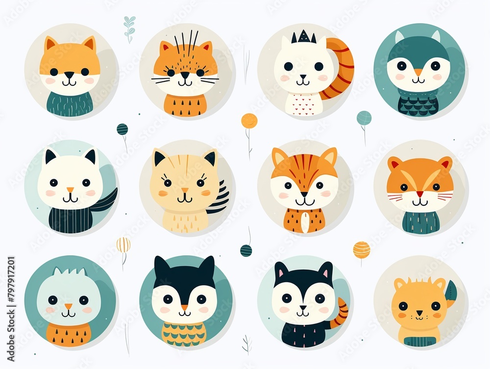Cute animal vectors in circles, simple line drawing, seamless white background, EPS pattern , childlike drawing Cute animal vectors in circles, simple line drawing, seamless white background, EPS pattern , childlike drawing