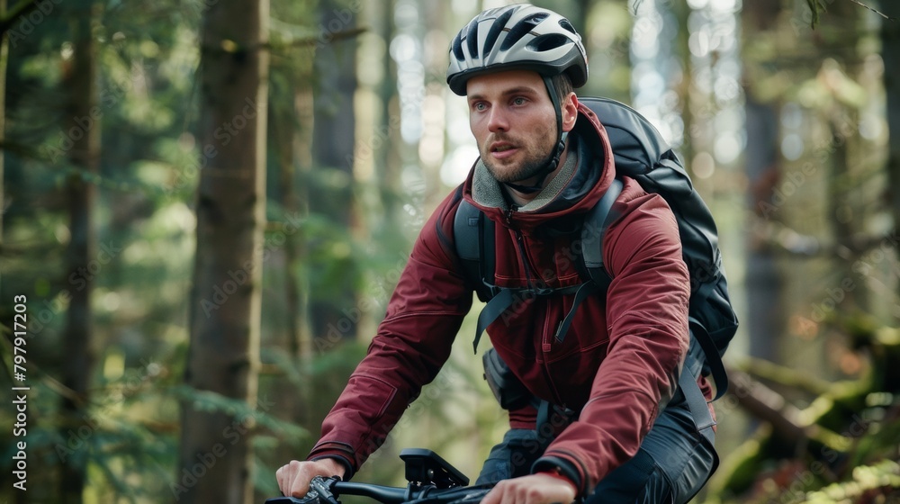 Fototapeta premium A young male adventurer rides a mountain bike through the forest.