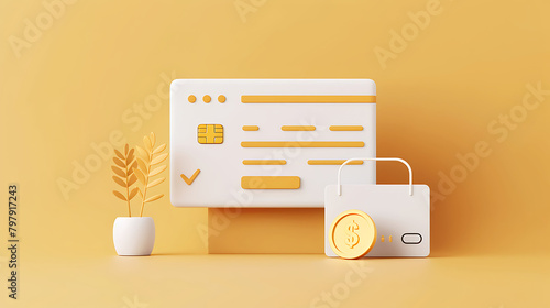 3d render of a minimal scene with a podium, a plant, a coin, a credit card and a shopping bag. The background is a solid color. photo