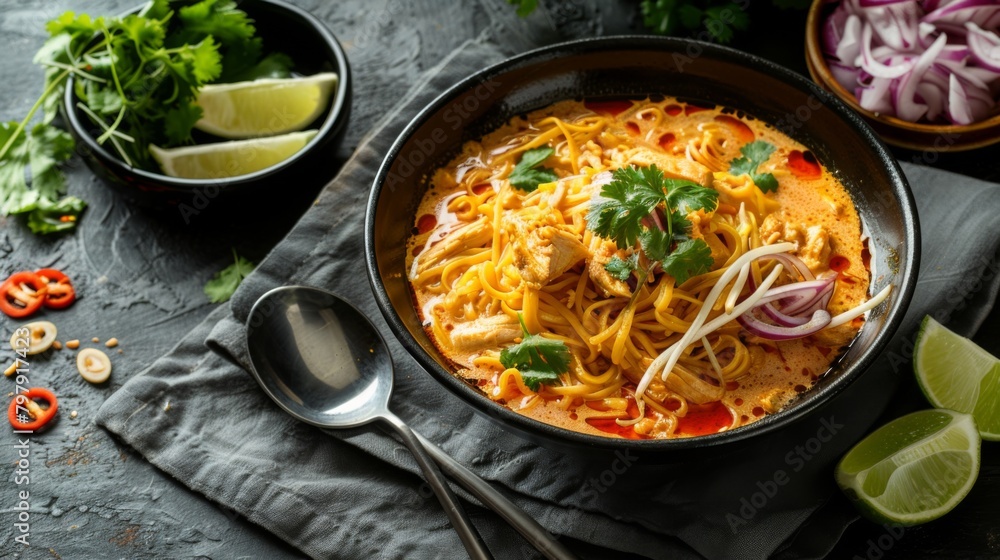Khao Soi Recipe, Northern Style Curried Noodle Soup with Chicken - Thai food. Khao Soi Recipe, Northern Style Curried Noodle Soup with Chicken - Thai food.