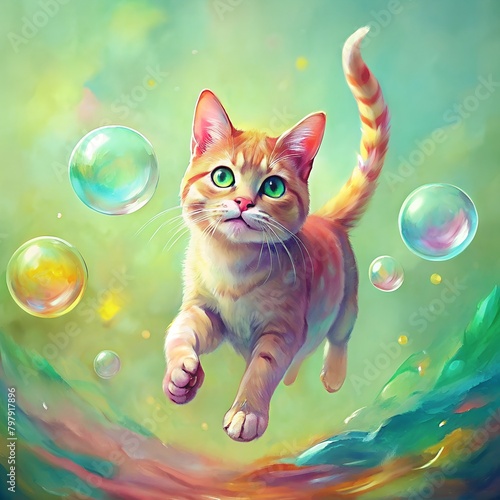 roan cat chases bubbles