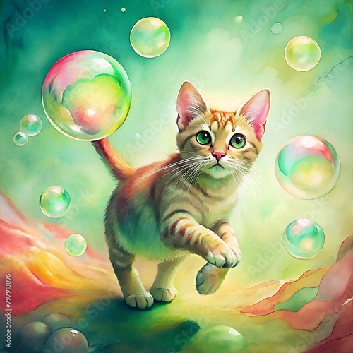 roan cat chases bubbles photo