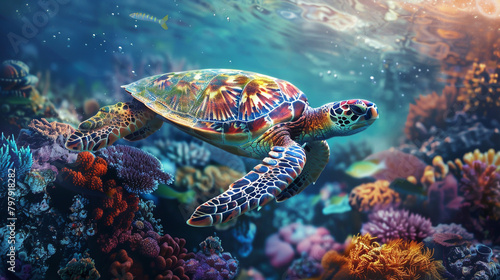 A serene sea turtle peacefully navigating a vibrant coral reef, enveloped by a myriad of hues.