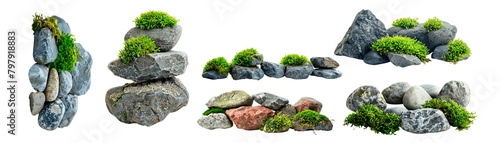 An assortment of rock formations with green moss
