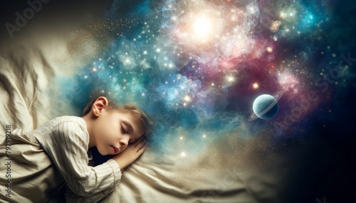 A young boy is sleeping in a bed with a colorful, starry sky above him. The sky is filled with planets and stars, creating a dreamy and peaceful atmosphere.