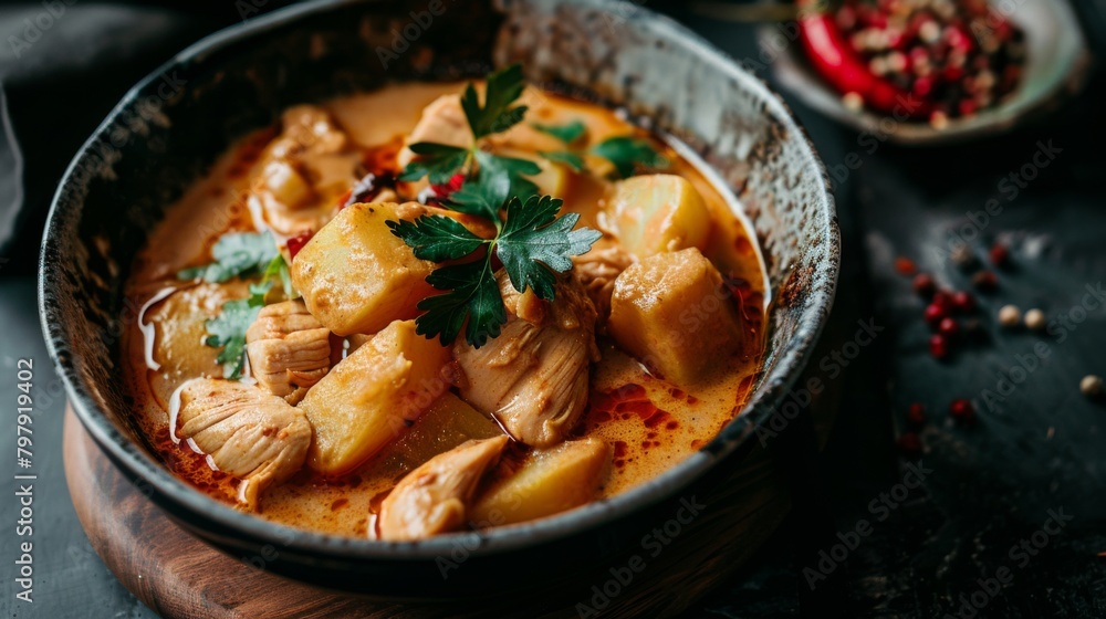 Massaman Curry with Chicken and Potatoes.It is an aromatic curry with a tangy, luxurious taste that is harmonic, sweet and isn't as spicy Massaman Curry with Chicken and Potatoes.It is an aromatic curry with a tangy, luxurious taste that is harmonic, sweet and isn't as spicy