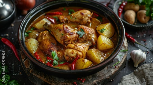 Massaman Curry with Chicken and Potatoes.It is an aromatic curry with a tangy, luxurious taste that is harmonic, sweet and isn't as spicy