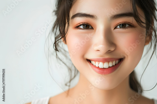 Realistic girl face  Asian 25 year old s lady. Beautiful Thai Chinese girl face  lovely smile in semi formal casual dress in white background.
