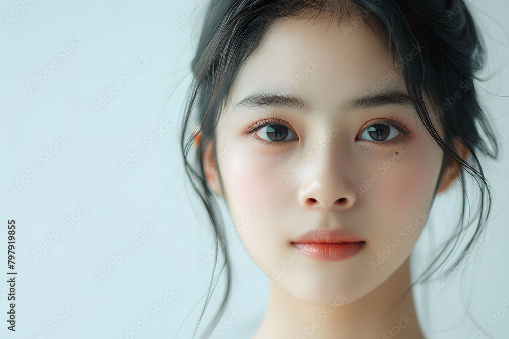 Realistic girl face, Asian 25 year old's lady.
Beautiful Thai Chinese girl face, lovely smile in semi formal casual dress in white background.