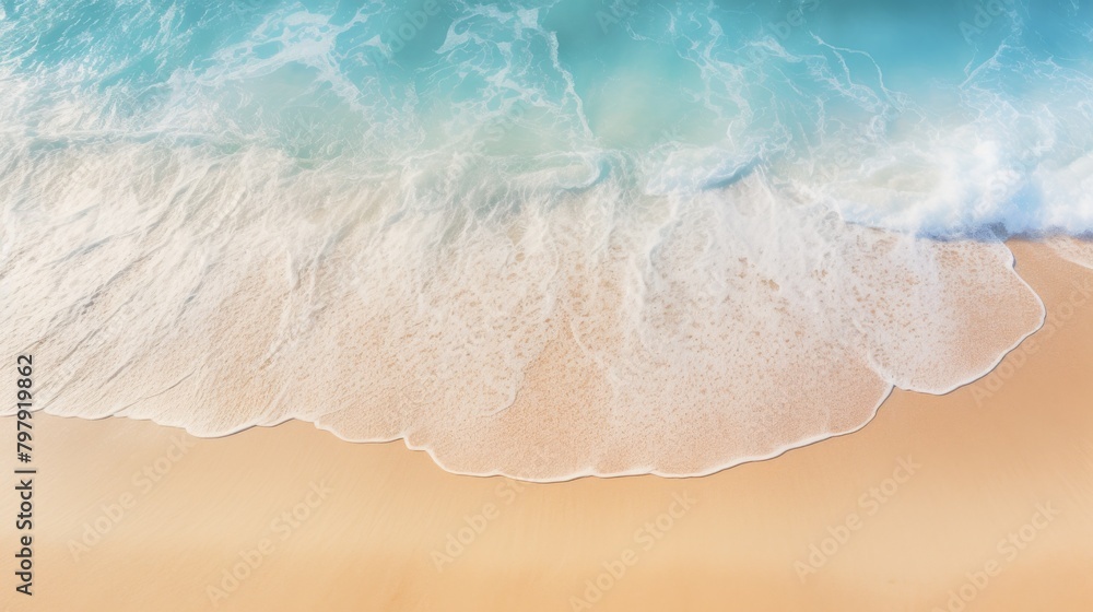 Top-down view of soft white waves from the turquoise sea meeting the golden sands of a pristine beach, evoking calmness