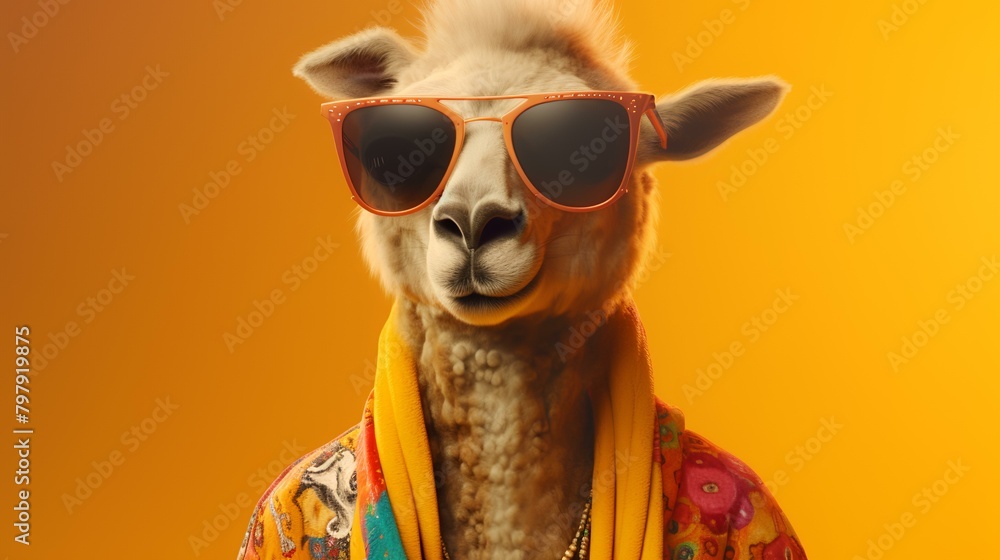 Llama wearing sunglasses and a scarf on a yellow background.