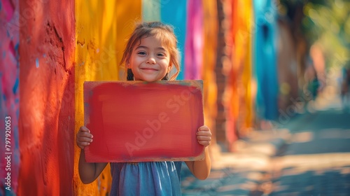 Cute child holding up a blank sign For any announcement, additional words can be added to the blank sign. photo