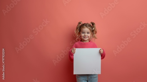 Cute child holding up a blank sign For any announcement, additional words can be added to the blank sign. photo