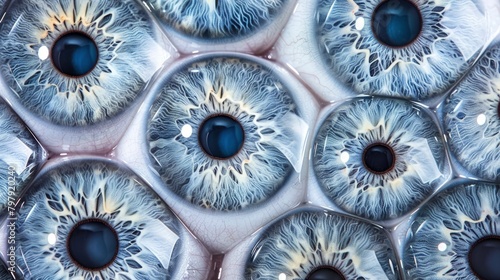 Background of many blue eyes, all shaped like eyeballs with white irises and black pupils. White background