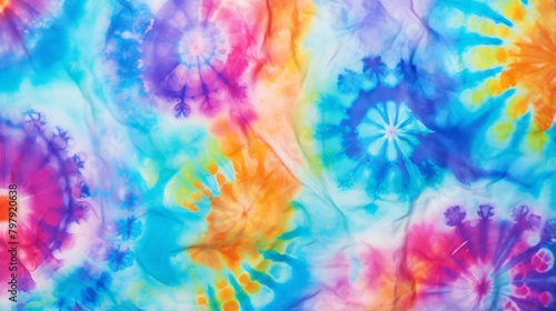 This image shows a vibrant tie-dye design with swirling patterns in a variety of bright  bold colors