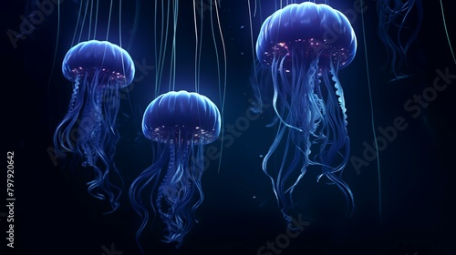 Jellyfish on a dark blue background. 3d rendering. © Sumera
