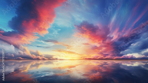 An artistic depiction of a sunset with dramatic clouds reflected on a serene water surface, invoking a sense of calm and wonder © Eleanor Richards