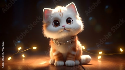 Cute cat with Christmas lights on dark background, 3d rendering © Sumera