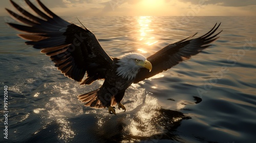 Bald Eagle flying over the sea at sunset. 3D Rendering © Sumera