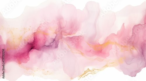 Gentle abstract background in shades of soft pink with fluid watercolor movement and subtle gold splashes
