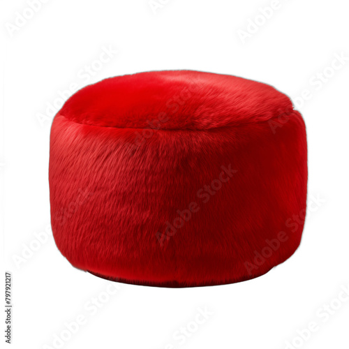 Red fur ottoman isolated on white background 3D rendering of a soft and furry pouf