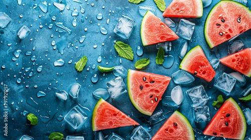 watermelon and ice cube on blue background