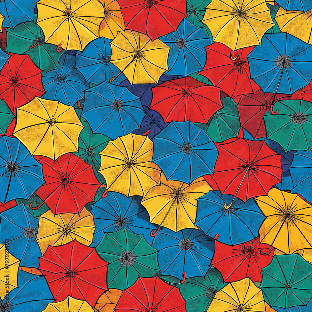 A colorful array of umbrellas in various shades of blue, red, yellow, and green