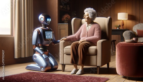 A robot is touching an elderly woman's hand. The robot is designed to help the elderly woman with daily tasks © Golden Sight