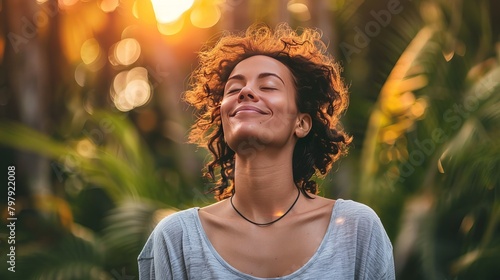 Relaxed woman enjoying nature's calm, embracing a mindful and healthy way of life. photo