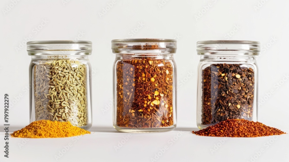 Trio of glass jars each holding different colored spices Trio of glass jars each holding different colored spices
