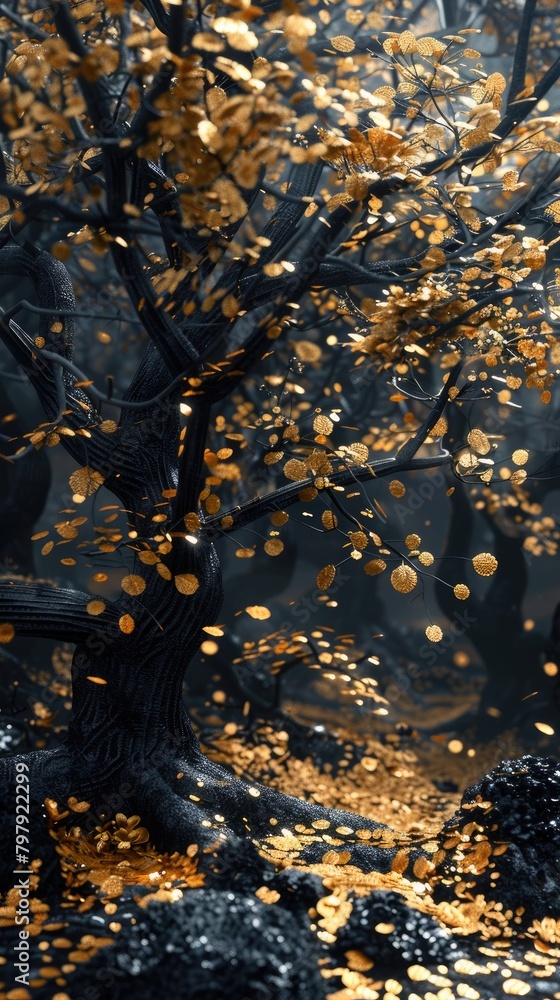 3D stylized black tree with golden leaves in an enchanted forest