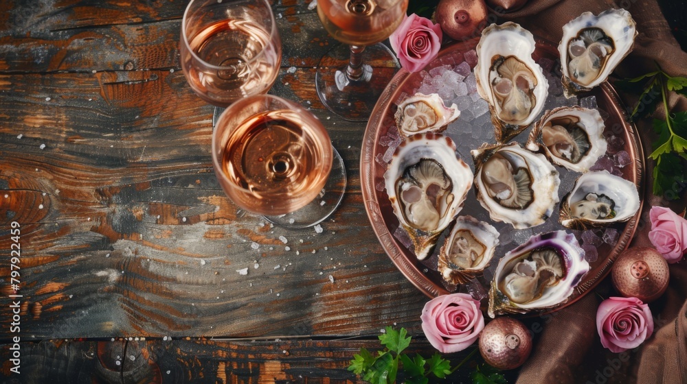 Opened Oysters on metal copper plate and rose wine on dark wooden background