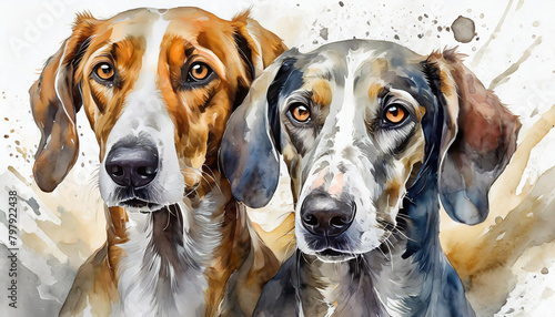 Watercolor illustration American Foxhound dog with large floppy ears. Puppy breed portrait, home pet photo