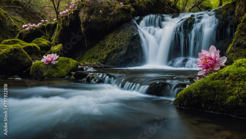 Landscape with river and forest with green trees. Silky crystal water and long exposure. Ordesa Pyrenees. 