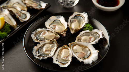 Fresh oysters with lemon slices on luxurious black plates, elegantly presented on a dining table in a restaurant.