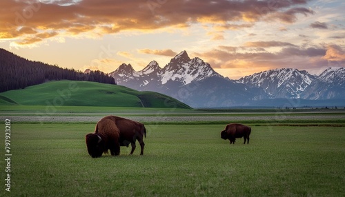 Bison Grazing on Wide Green Field, mountains in background