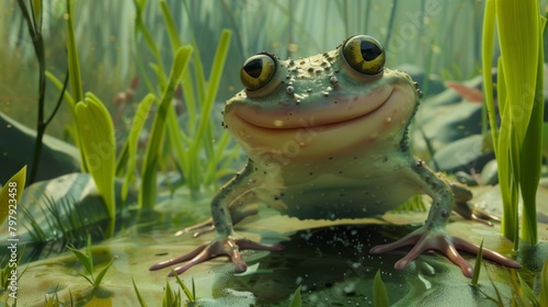 Cheerful image of a smiling frog in its natural habitat, surrounded by lively pond plant life and clear water © Eleanor Richards